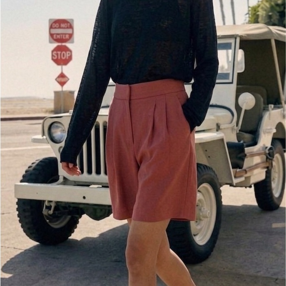 ASOS High-Waist Pleated Bermuda Shorts in Dusty Rose